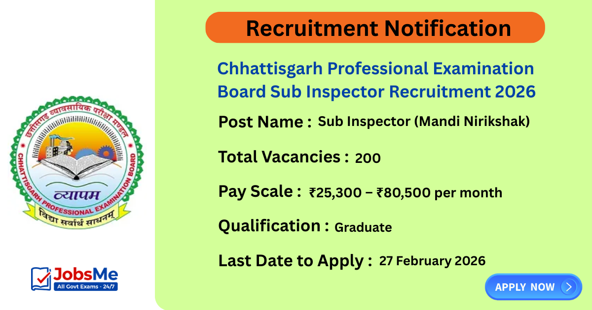 Chhattisgarh Professional Examination Board Sub Inspector Recruitment 2026 – Apply Online for 200 Vacancies