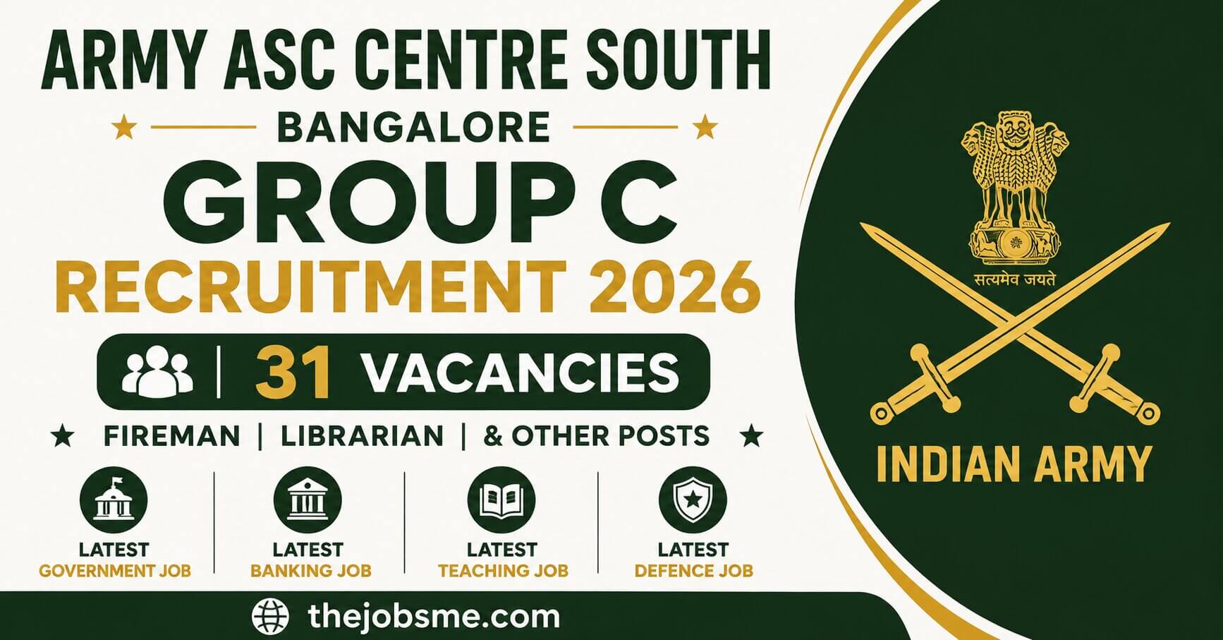 Army ASC Centre South Bangalore Group C Recruitment 2026: 31 Fireman, Librarian & Other Vacancies, Eligibility, Last Date & Application Form