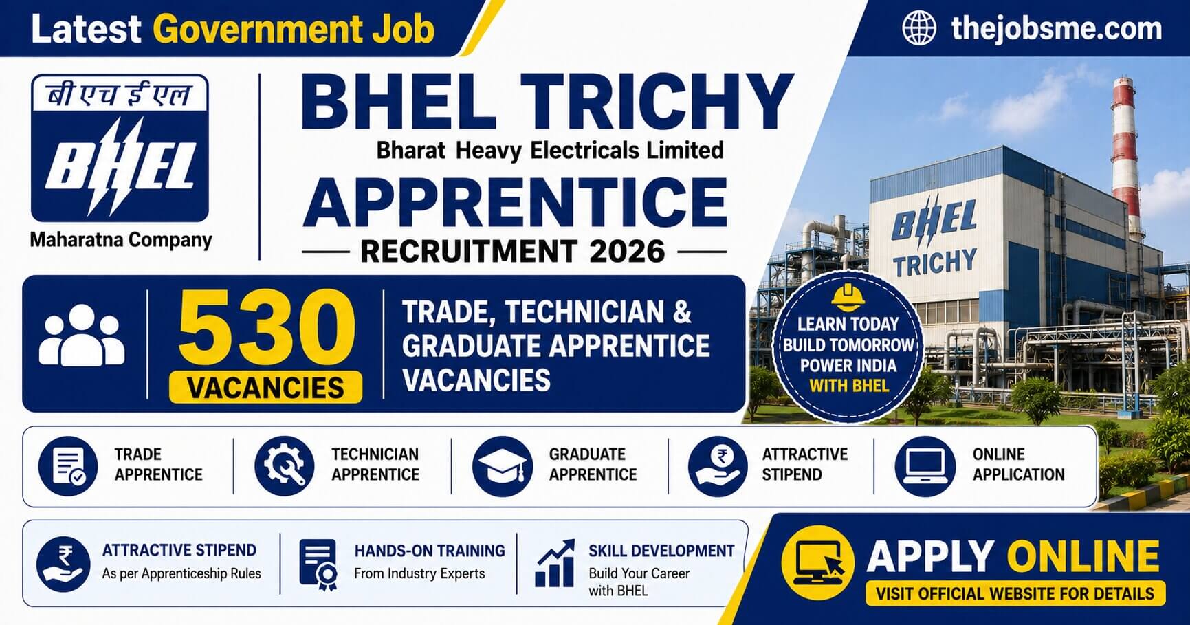 BHEL Trichy Apprentice Recruitment 2026: 530 Trade, Technician & Graduate Apprentice Vacancies, Eligibility, Stipend & Apply Online