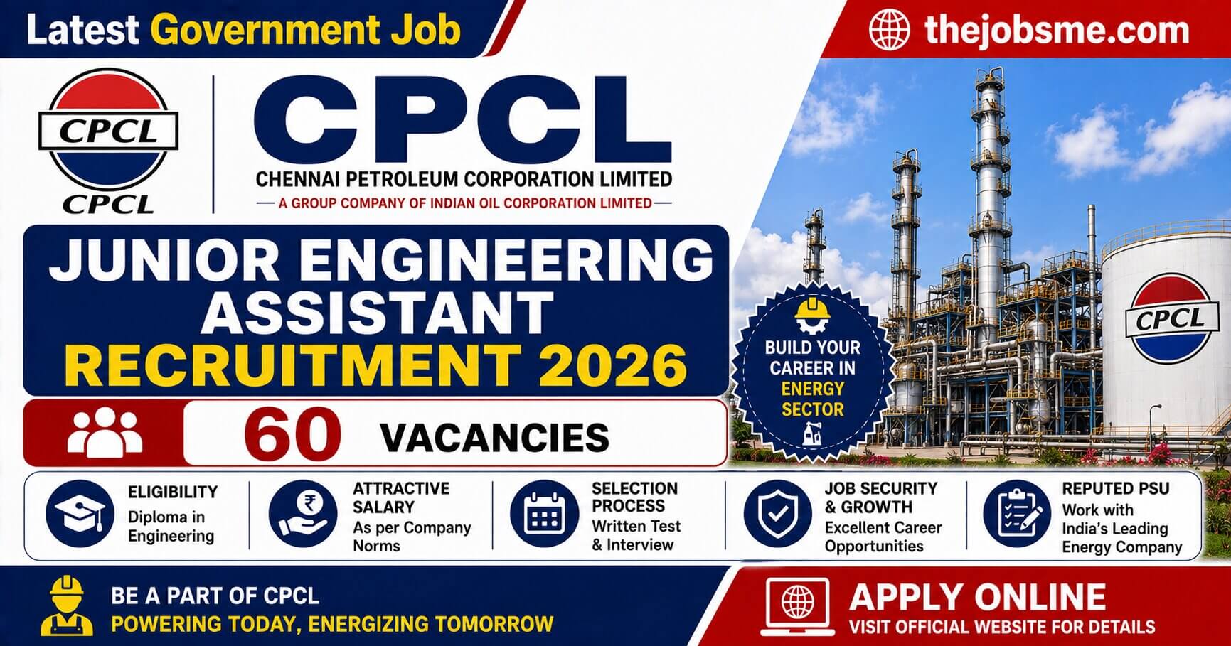 CPCL Junior Engineering Assistant Recruitment 2026: 60 Vacancies, Eligibility, Salary, Last Date & Apply Online