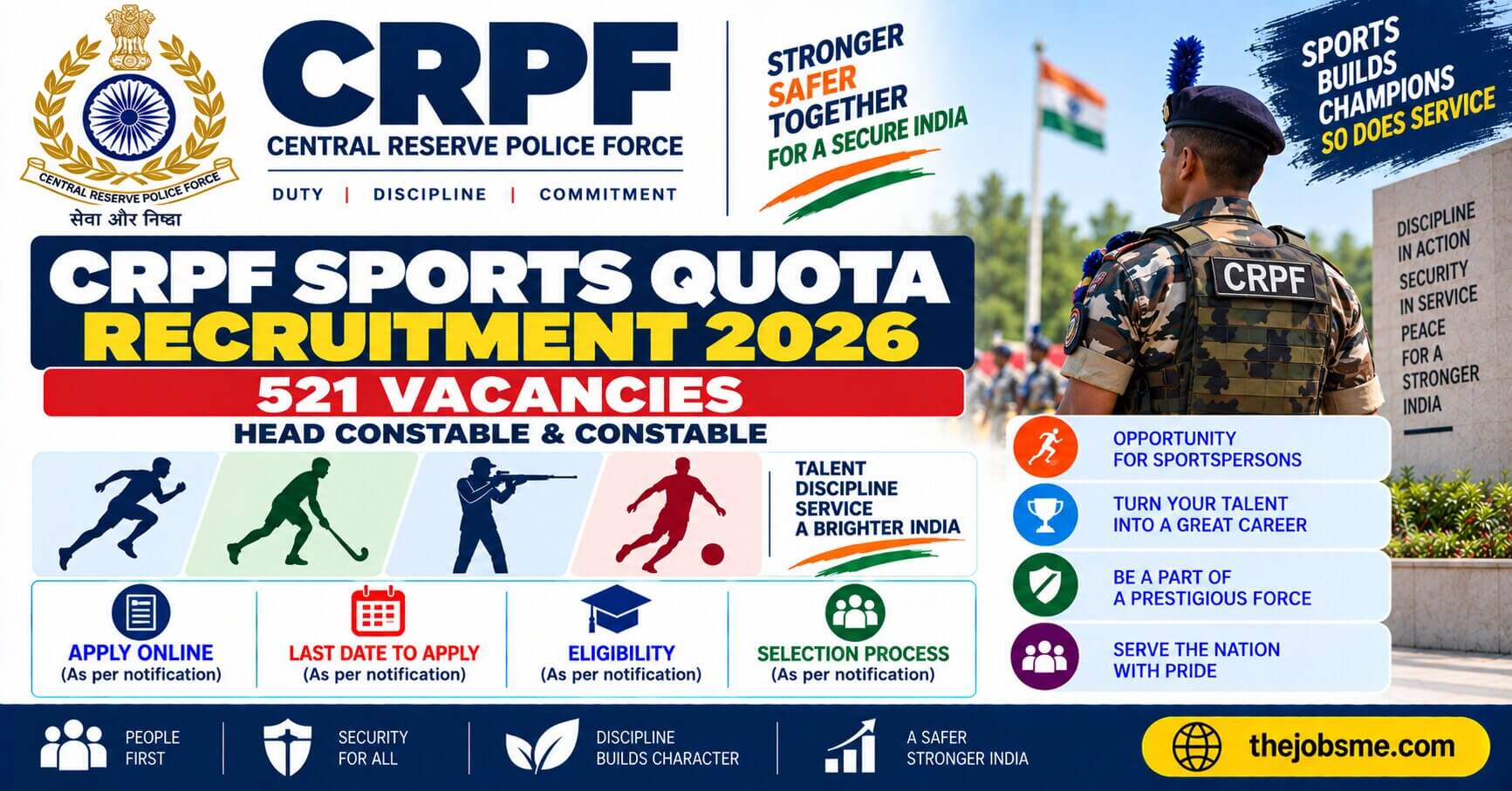 CRPF Sports Quota Recruitment 2026: 521 Head Constable & Constable Vacancies, Eligibility, Last Date & How to Apply