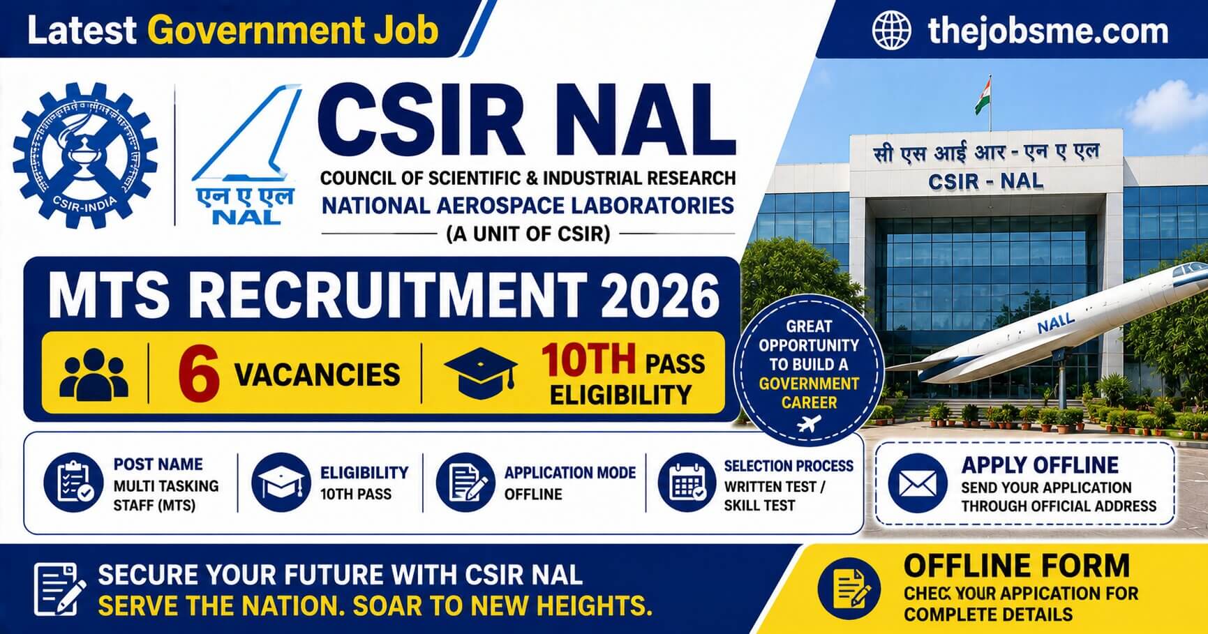 CSIR NAL MTS Recruitment 2026: 6 Vacancies, 10th Pass Eligibility, Last Date & Offline Form
