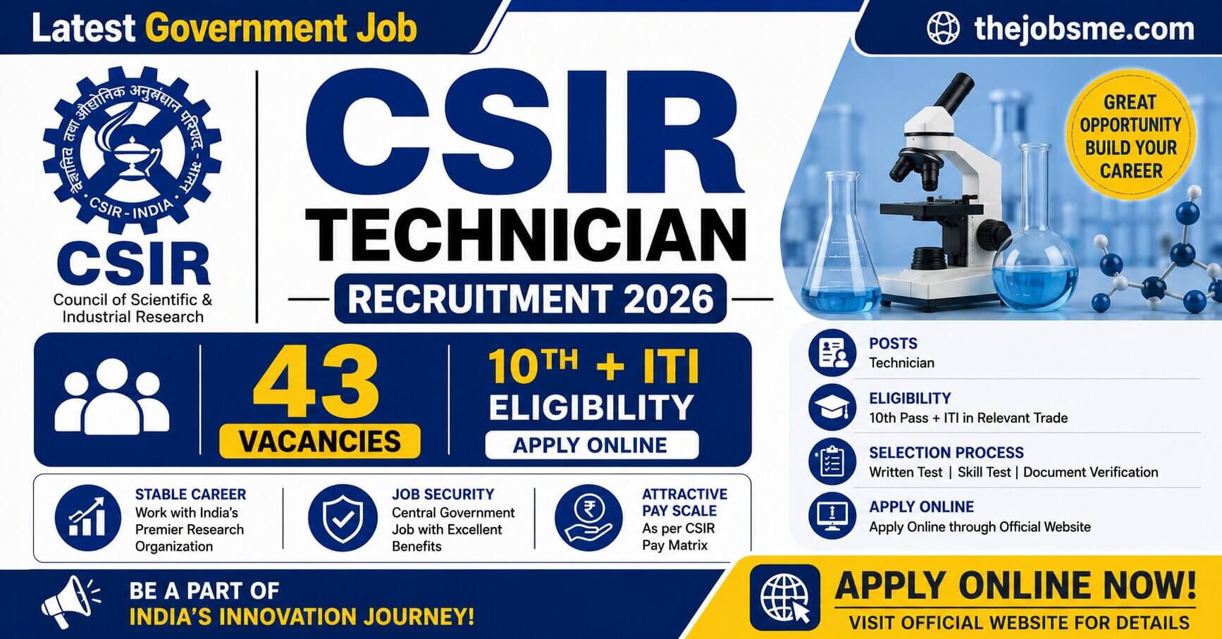 CSIR Technician Recruitment 2026: 43 Posts, 10th + ITI Eligibility, Apply Online