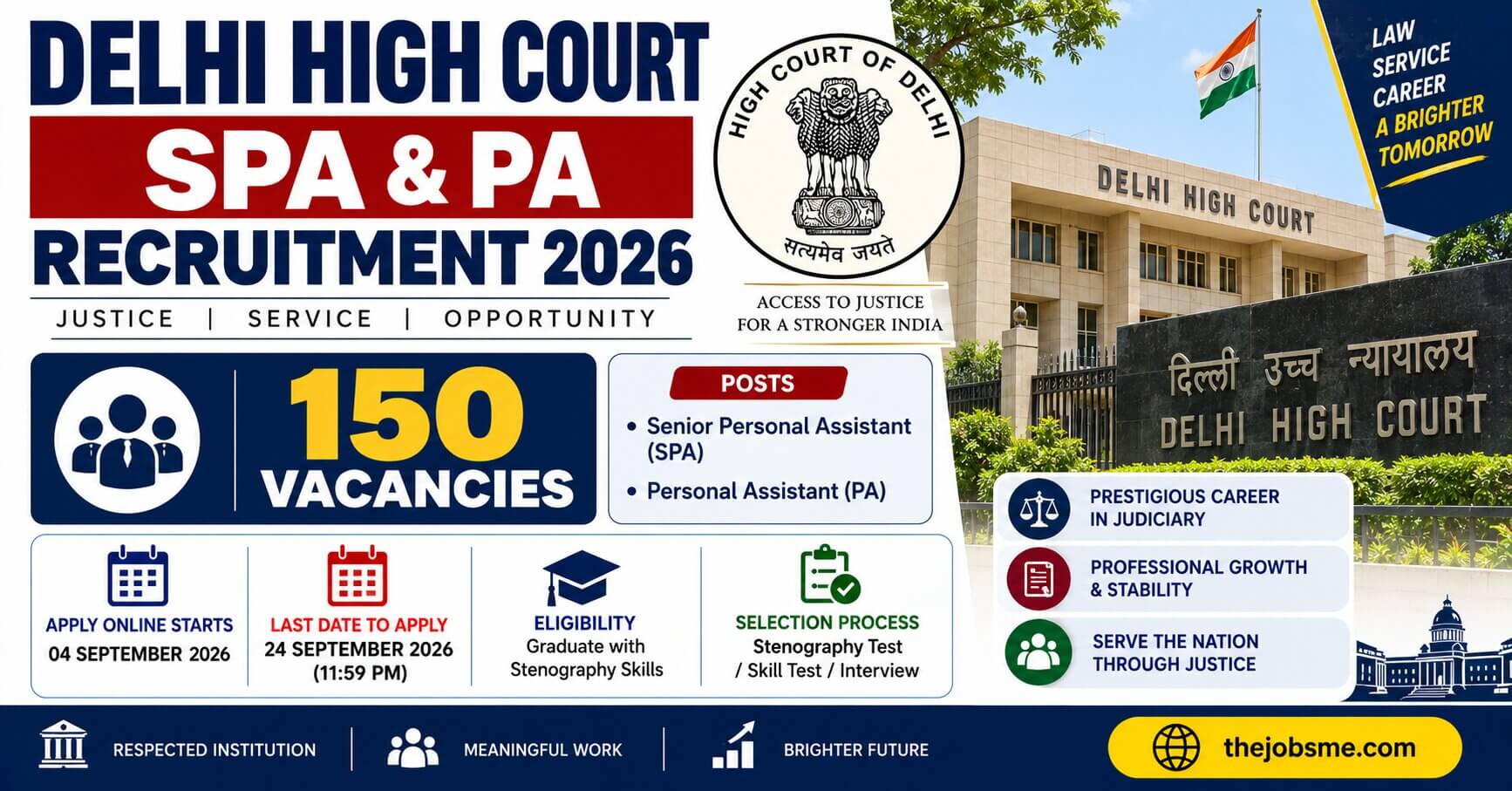 Delhi High Court SPA & PA Recruitment 2026: 150 Vacancies, Eligibility, Last Date & How to Apply