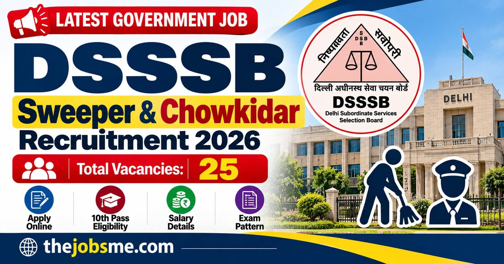DSSSB Sweeper & Chowkidar Recruitment 2026: 25 Vacancies, 10th Pass Eligibility, Salary, Exam Pattern & Apply Online