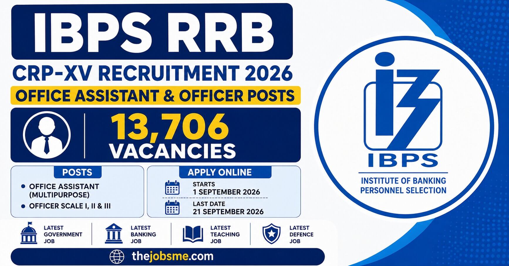 IBPS RRB CRP-XV Recruitment 2026: 13,706 Office Assistant & Officer Vacancies, Eligibility, Last Date & Apply Online