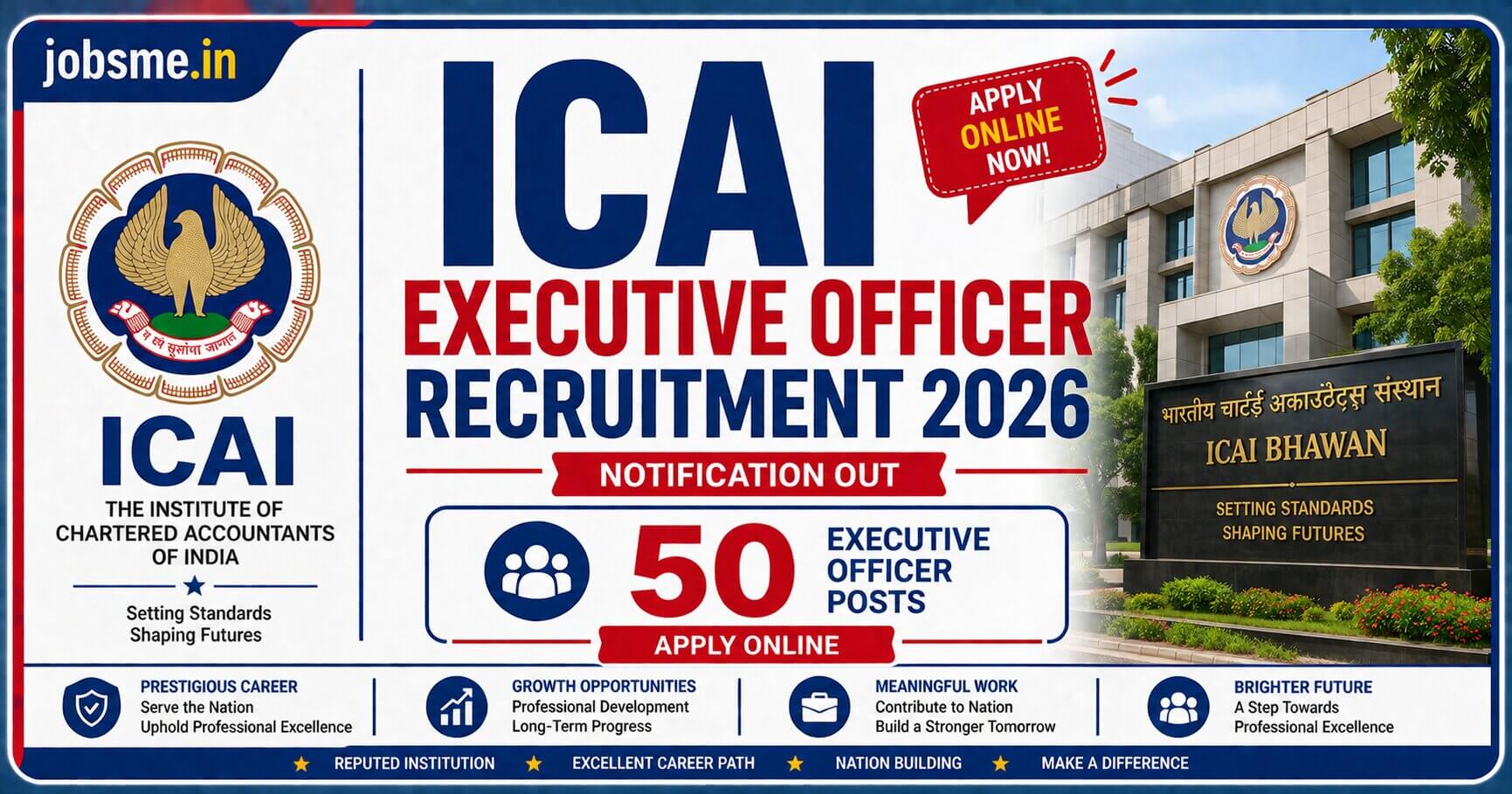 ICAI Executive Officer Recruitment 2026 Notification Out - Apply Online for 50 Posts
