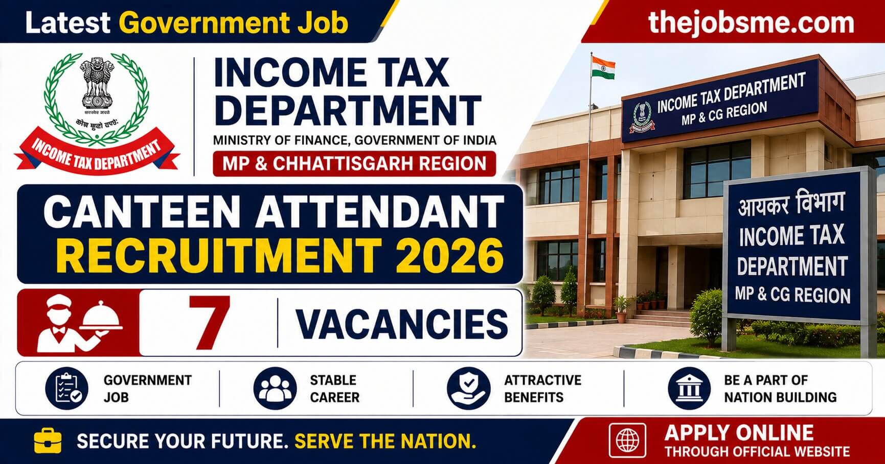 Income Tax MP&CG Canteen Attendant Recruitment 2026: 7 Vacancies, Eligibility, Last Date & How to Apply