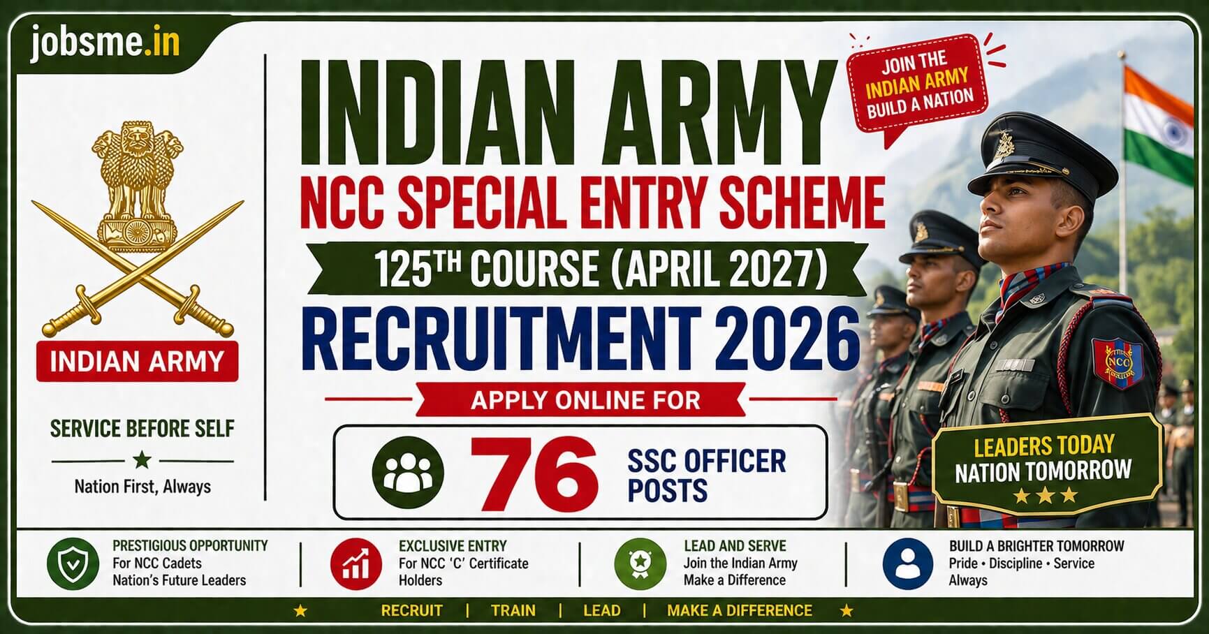 Indian Army NCC Special Entry Scheme 125th Course (April 2027) Recruitment 2026 – Apply Online for 76 SSC Officer Posts