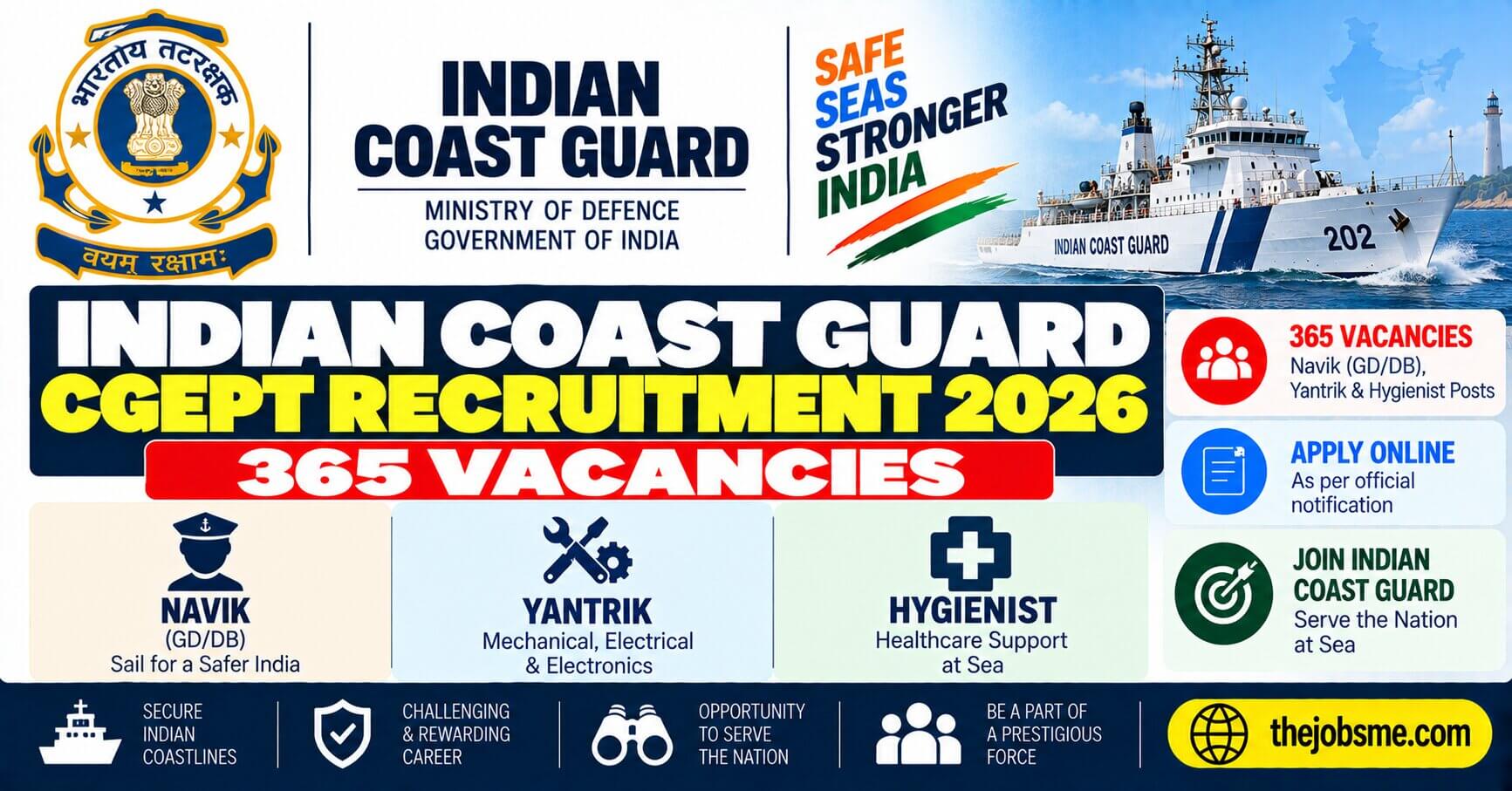 Indian Coast Guard CGEPT Recruitment 2026: Apply Online for 365 Navik, Yantrik & Hygienist Posts