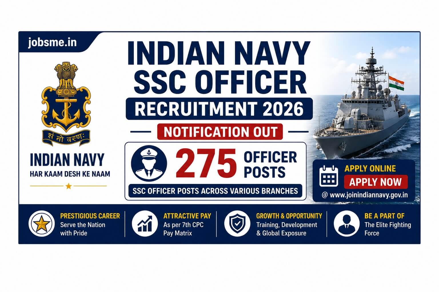 Indian Navy SSC Officer Recruitment 2026 Notification Out – Apply Online for 275 Officer Posts