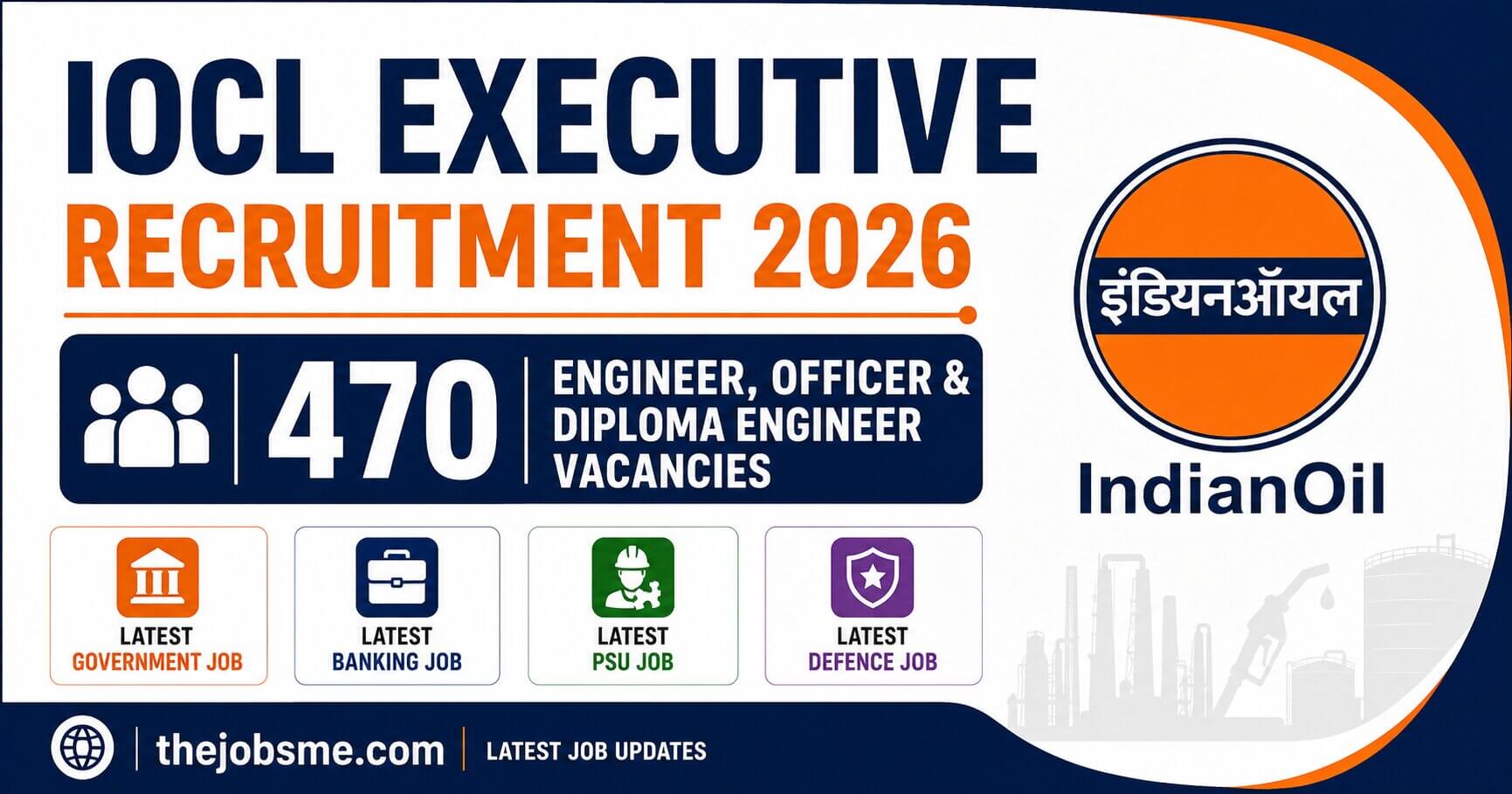 IOCL Executive Recruitment 2026: 470 Engineer, Officer & Diploma Engineer Vacancies