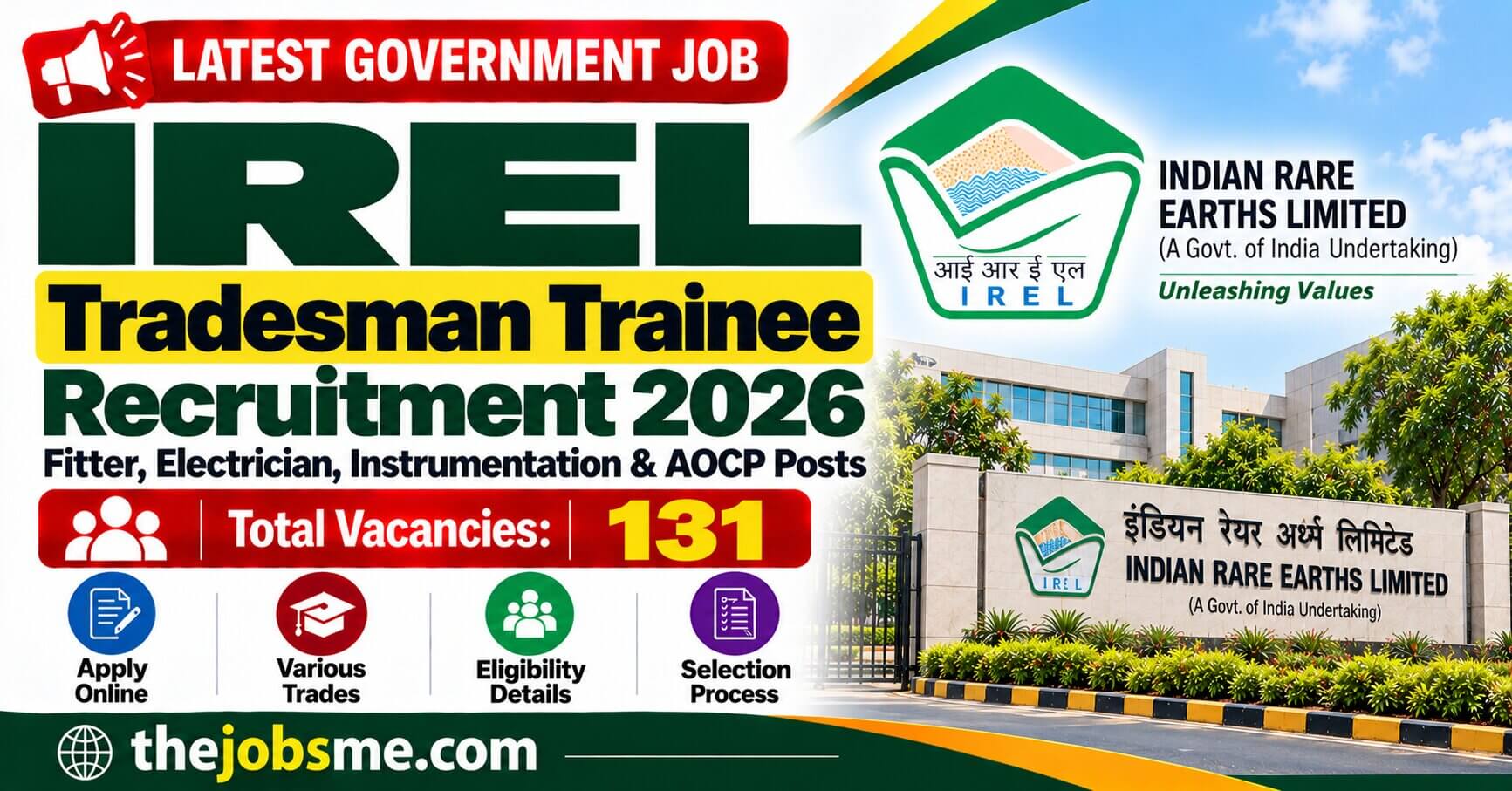 IREL Tradesman Trainee Recruitment 2026: Apply Online for 131 Fitter, Electrician, Instrumentation & AOCP Posts