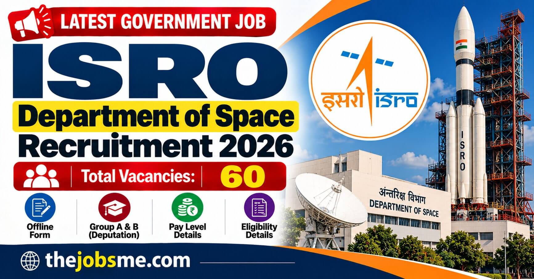 ISRO Department of Space Recruitment 2026: 60 Group A & B Deputation Vacancies, Eligibility, Pay Level & Offline Form