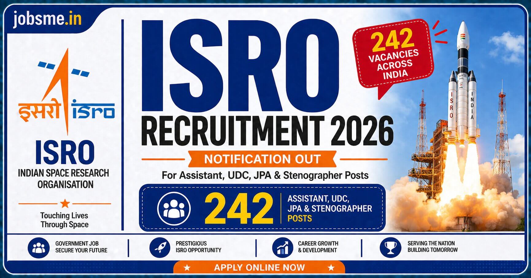 ISRO Recruitment 2026: Notification Out for 242 Assistant, UDC, JPA & Stenographer Posts Apply Online