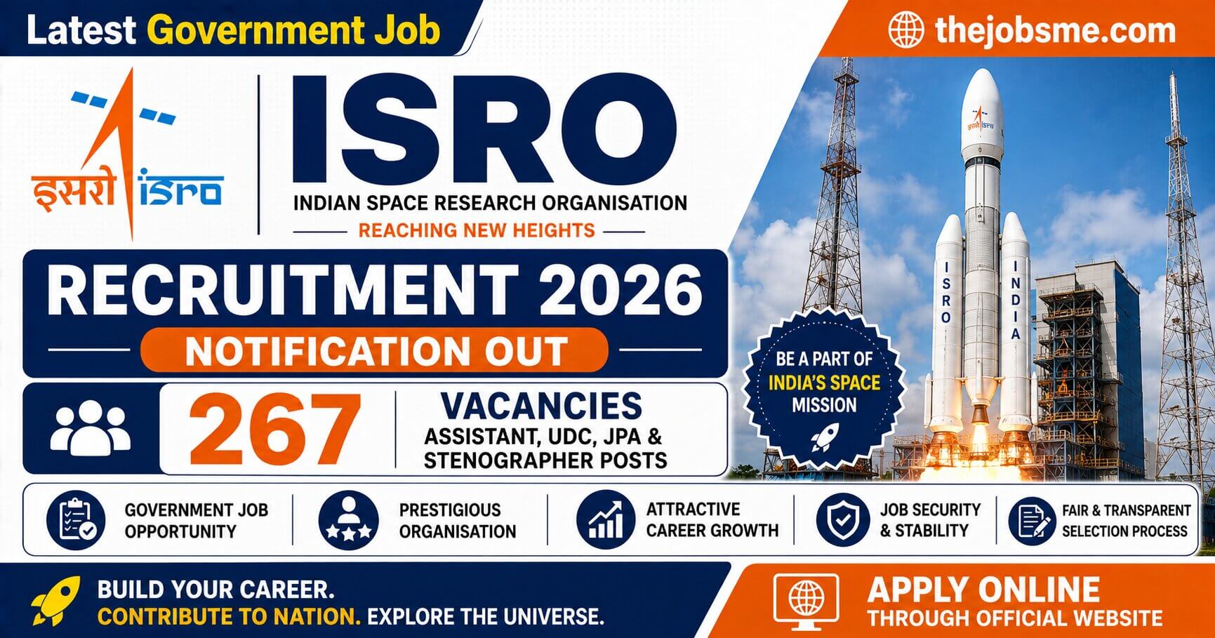 ISRO Recruitment 2026: Notification Out for 267 Assistant, UDC, JPA & Stenographer Posts Apply Online