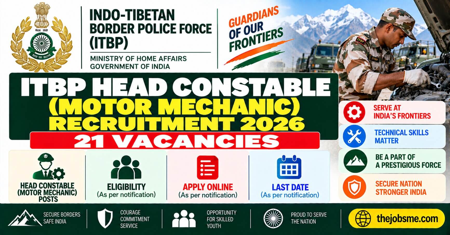 ITBP Head Constable (Motor Mechanic) Recruitment 2026: 21 Vacancies, Eligibility, Last Date & Apply Online