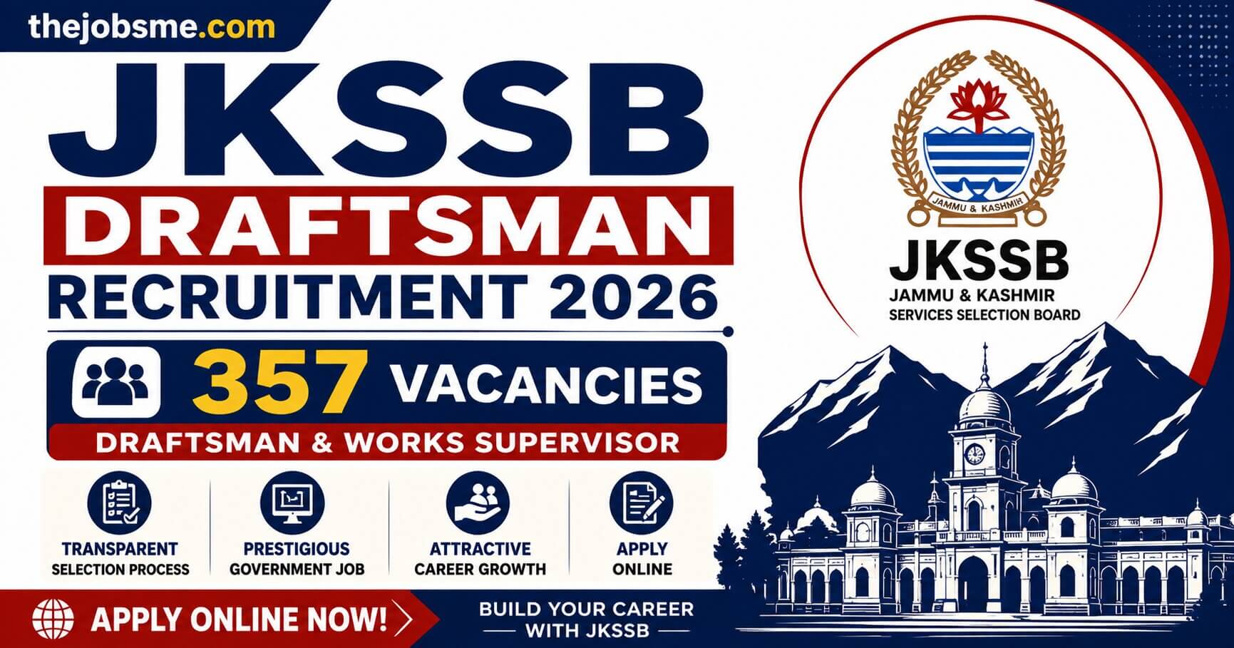 JKSSB Draftsman Recruitment 2026: 357 Draftsman & Works Supervisor Vacancies, Eligibility, Fee & Apply Online