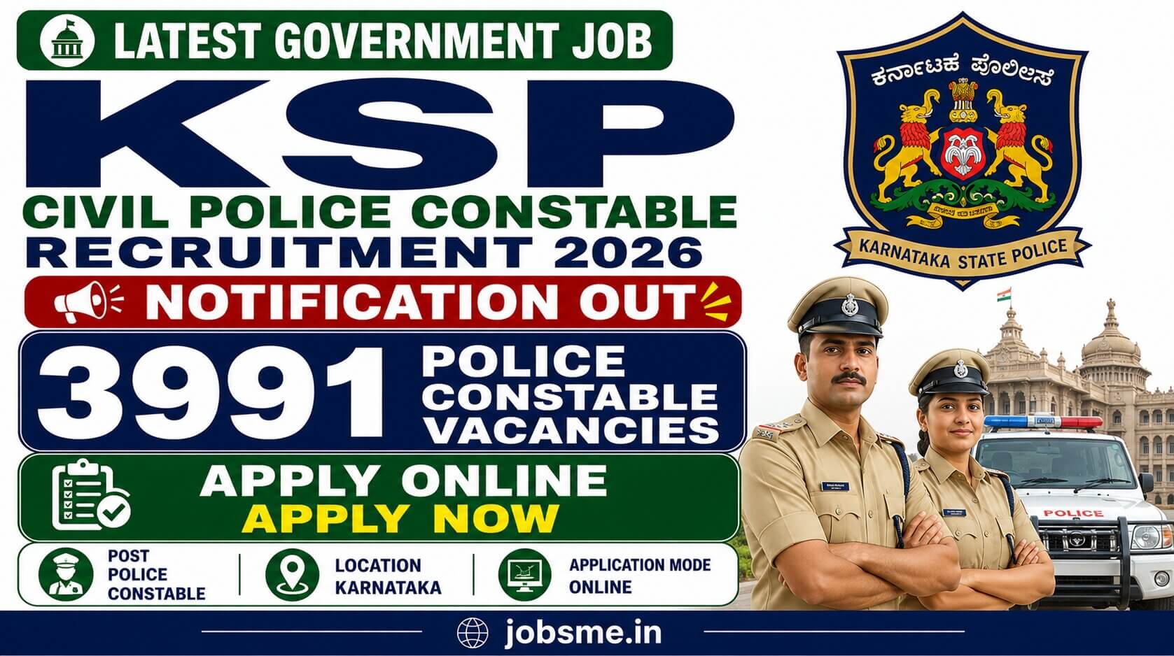 KSP Civil Police Constable Recruitment 2026: Apply Online for 3991 Police Constable Vacancies