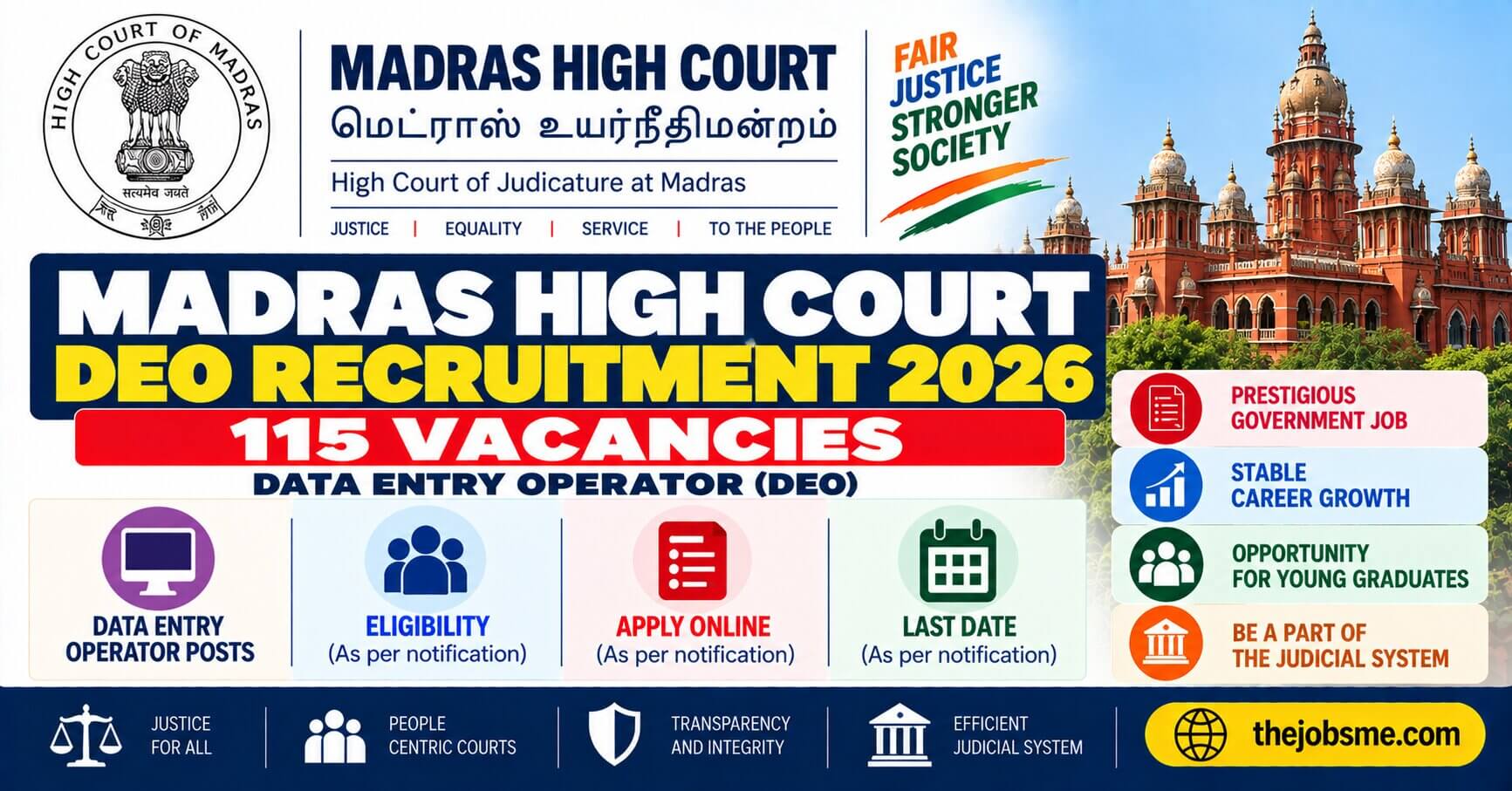 Madras High Court DEO Recruitment 2026: 115 Data Entry Operator Vacancies, Eligibility, Last Date & How to Apply