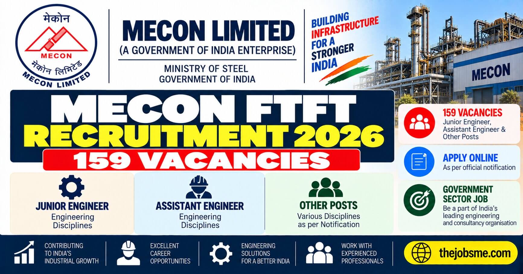 MECON FTFT Recruitment 2026: Apply Online for 159 Junior Engineer, Assistant Engineer & Other Posts