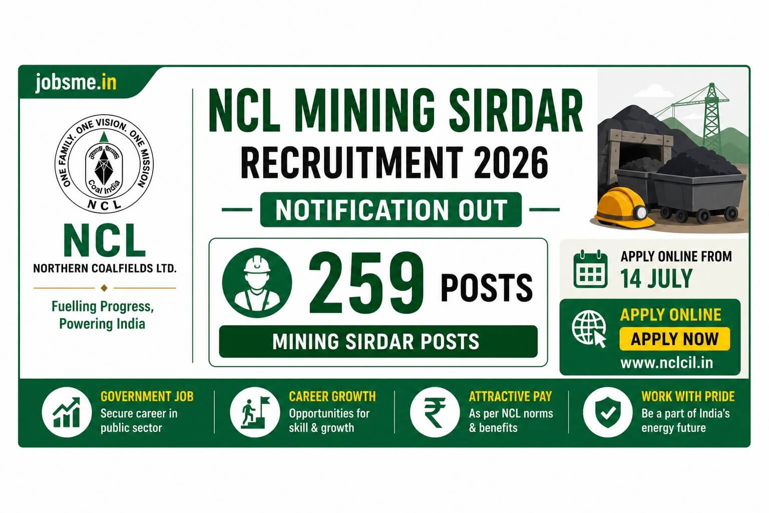 NCL Mining Sirdar Recruitment 2026 Notification Out for 259 Posts, Apply Online from 14 July