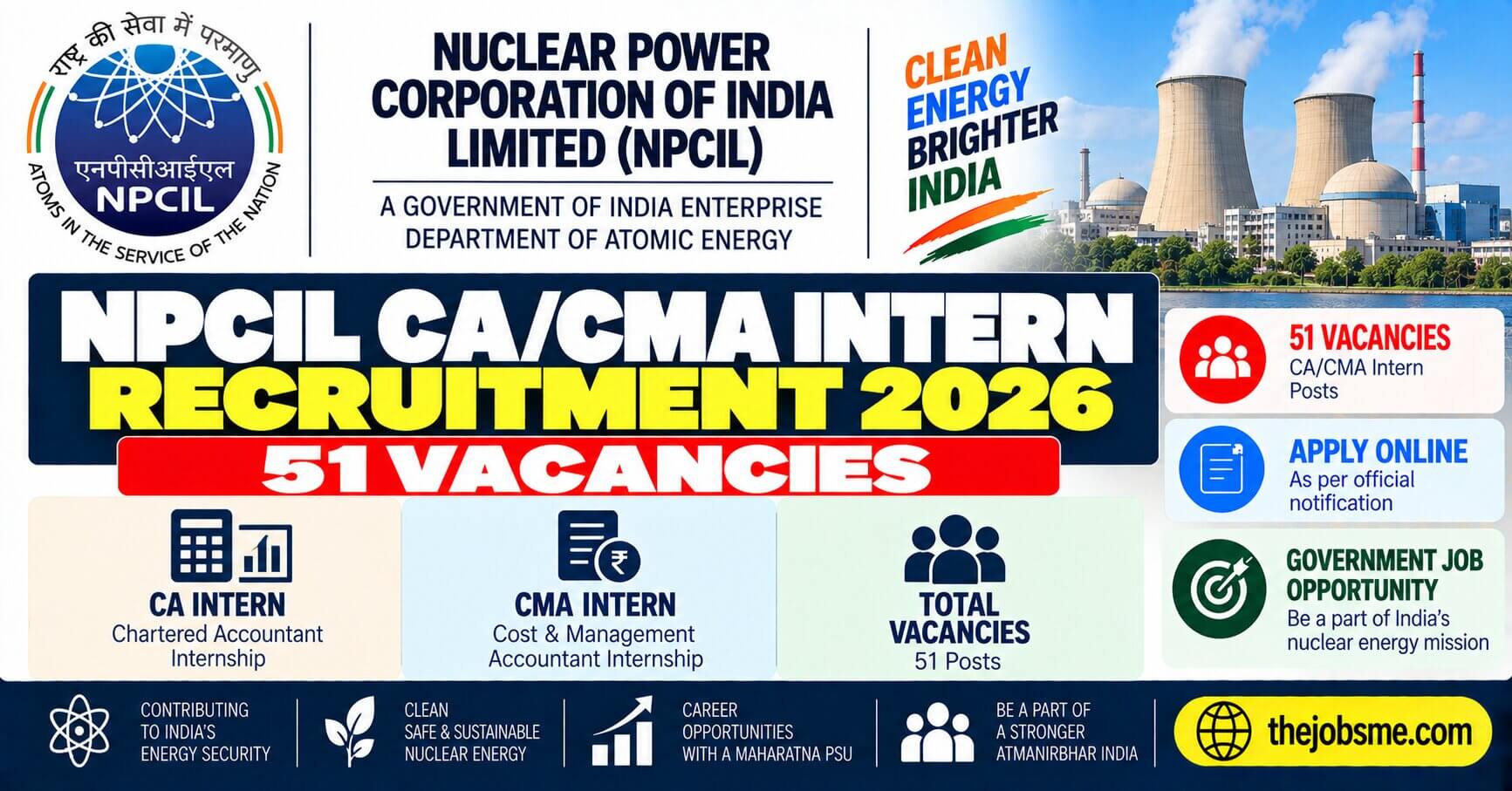 NPCIL CA/CMA Intern Recruitment 2026: Apply Online for 51 Posts