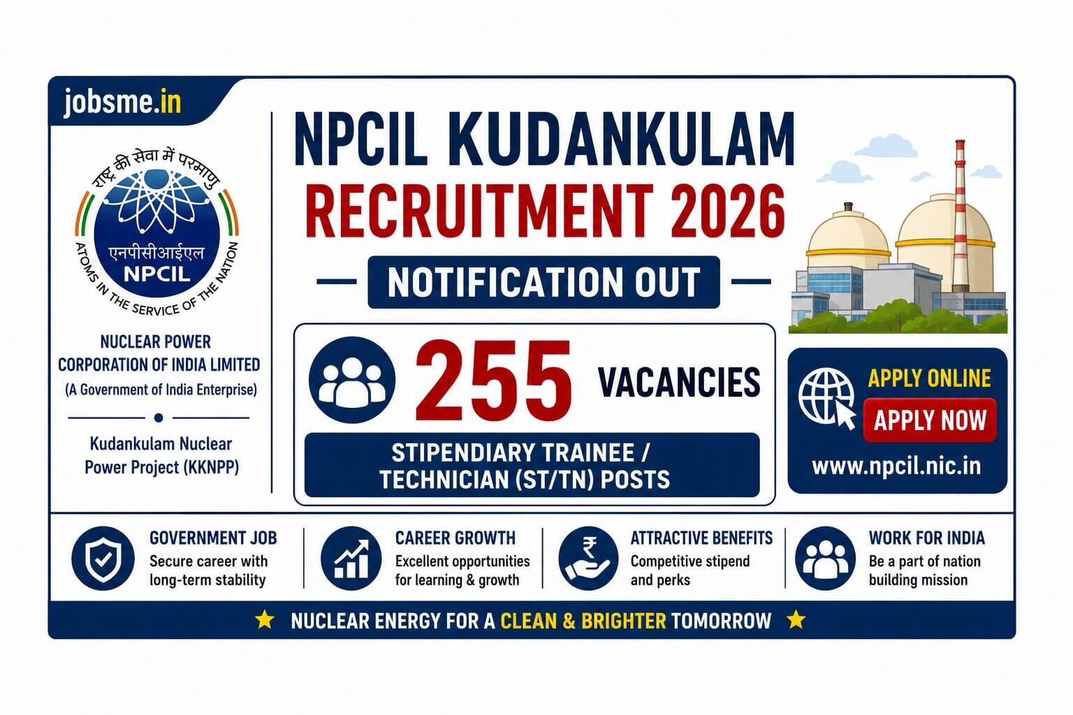NPCIL Kudankulam Recruitment 2026 Notification Out for 255 Stipendiary Trainee/Technician Posts – Apply Online