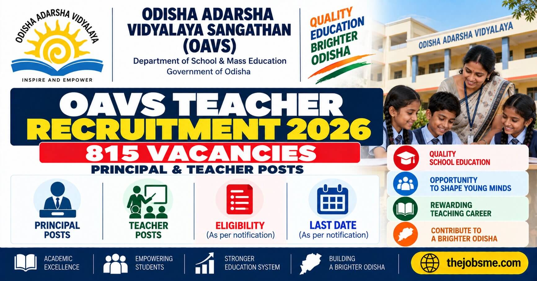 OAVS Teacher Recruitment 2026: 815 Principal & Teacher Vacancies, Eligibility, Last Date & How to Apply