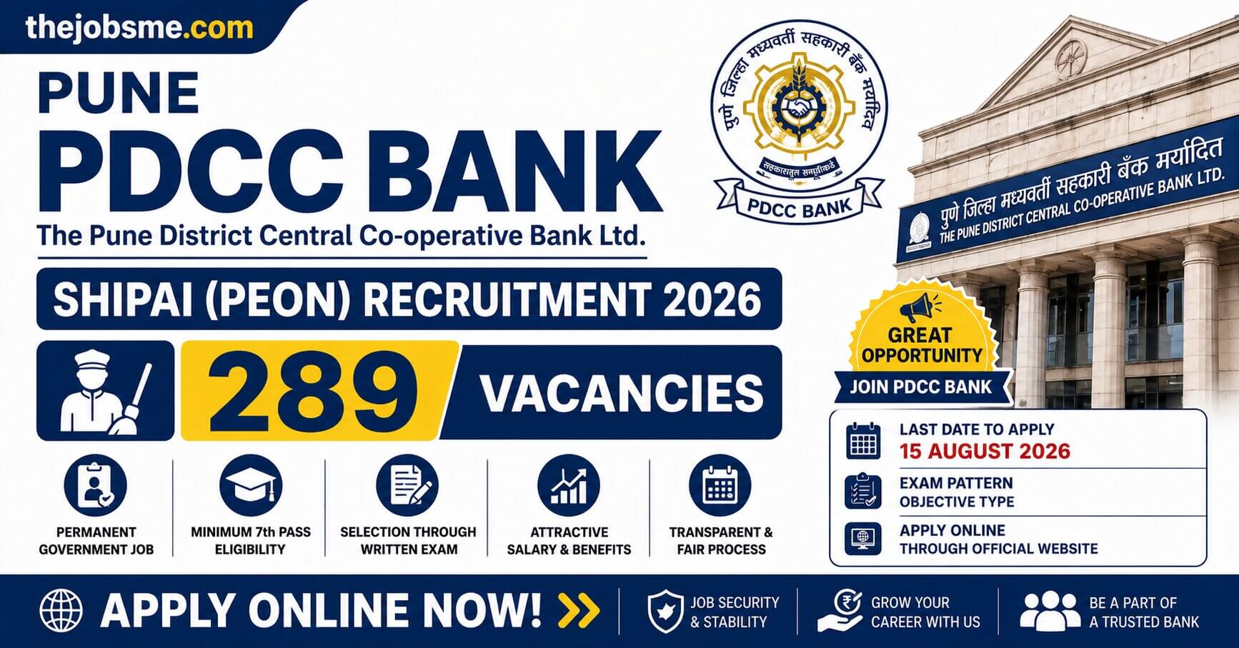 Pune PDCC Bank Shipai (Peon) Recruitment 2026: 289 Vacancies, Eligibility, Exam Pattern, Last Date & How to Apply