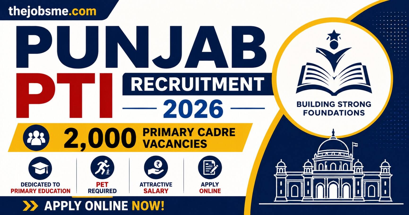 Punjab PTI Recruitment 2026: 2,000 Primary Cadre Vacancies, Eligibility, PET, Salary & Apply Online