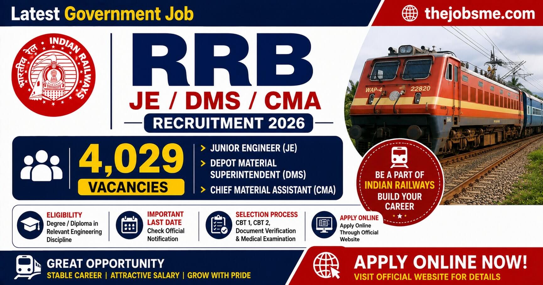 RRB JE/DMS/CMA Recruitment 2026: 4,029 Vacancies, Eligibility, Last Date & Apply Online