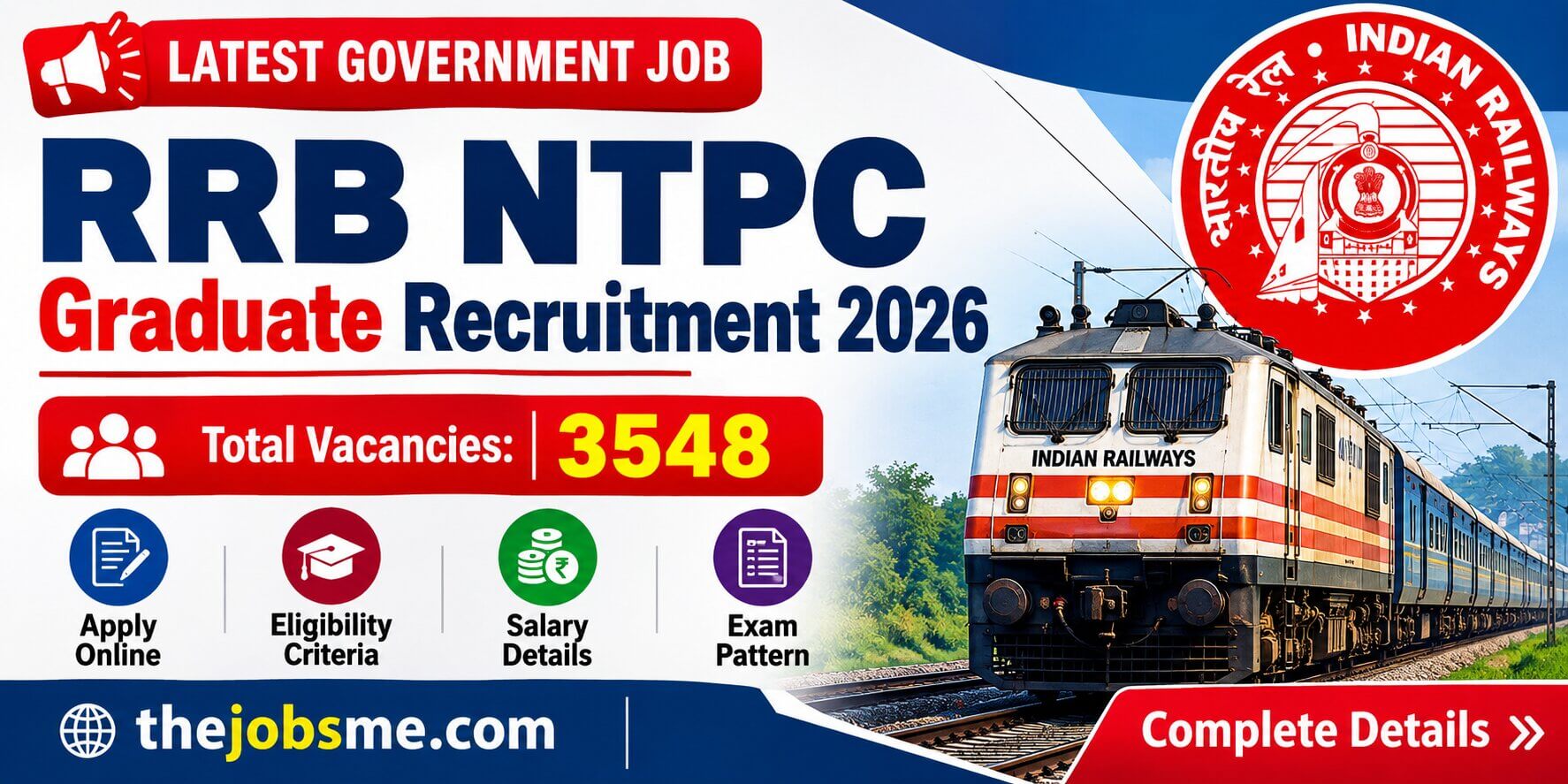 RRB NTPC Graduate Recruitment 2026: 3548 Vacancies, Apply Online, Eligibility, Salary & Exam Pattern