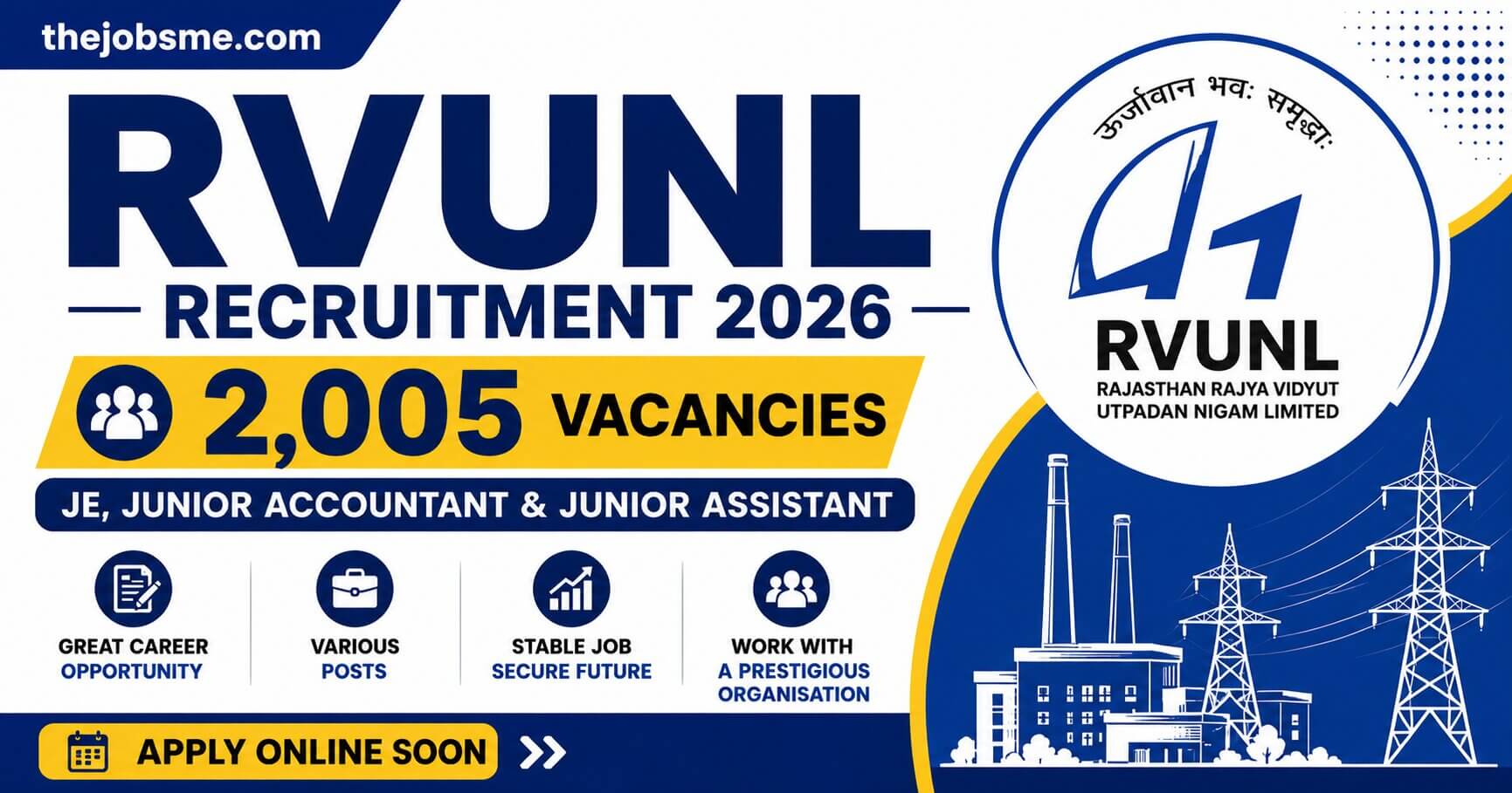 RVUNL Recruitment 2026: 2,005 JE, Junior Accountant & Junior Assistant Vacancies, Apply Dates and Details