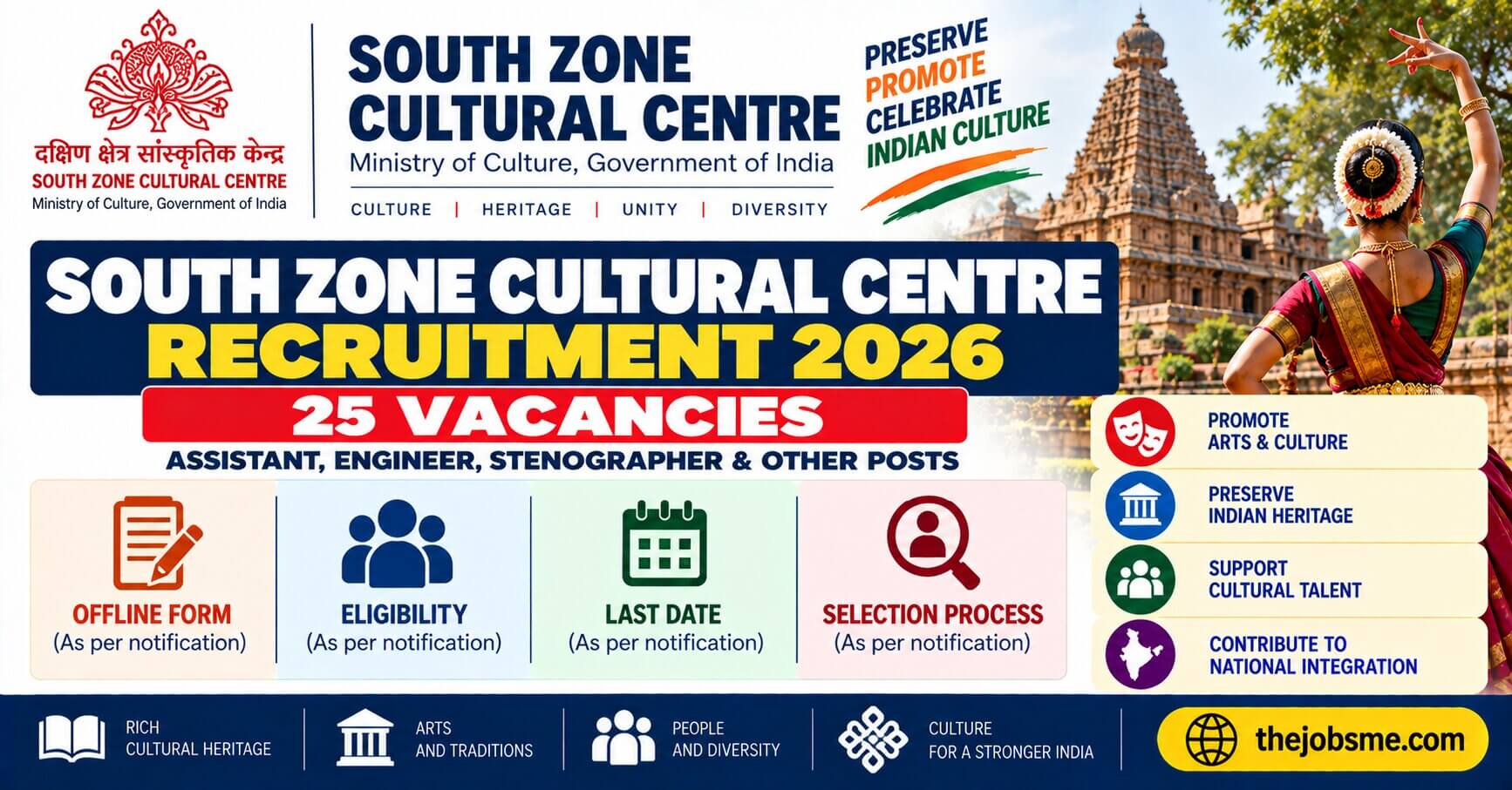 South Zone Cultural Centre Recruitment 2026: 25 Assistant, Engineer, Stenographer & Other Posts, Eligibility and Offline Form