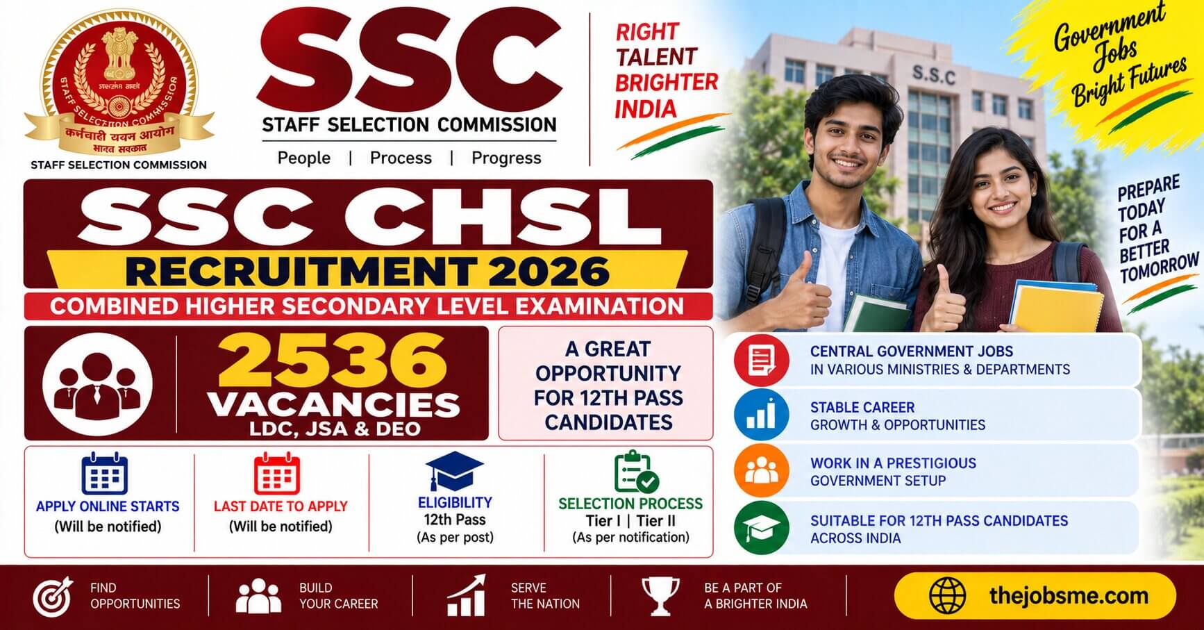 SSC CHSL Recruitment 2026: 2536 LDC, JSA & DEO Vacancies, Eligibility, Last Date & Apply Online