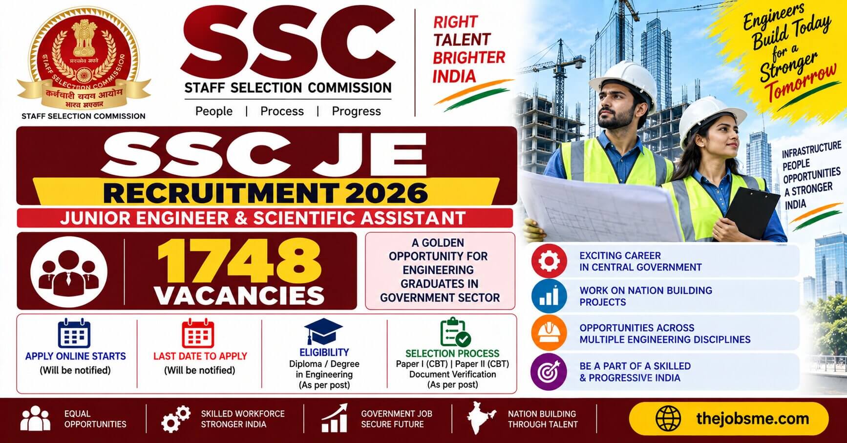 SSC JE Recruitment 2026: 1748 Junior Engineer & Scientific Assistant Vacancies, Eligibility, Last Date & Apply Online
