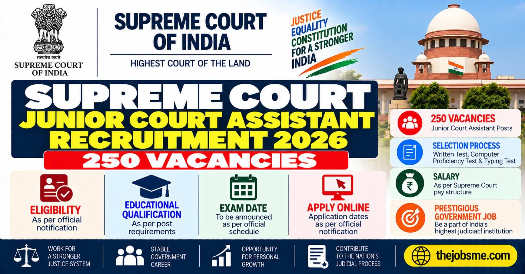 Supreme Court Junior Court Assistant Recruitment 2026: 250 Vacancies, Apply Online, Eligibility, Exam Date & Salary