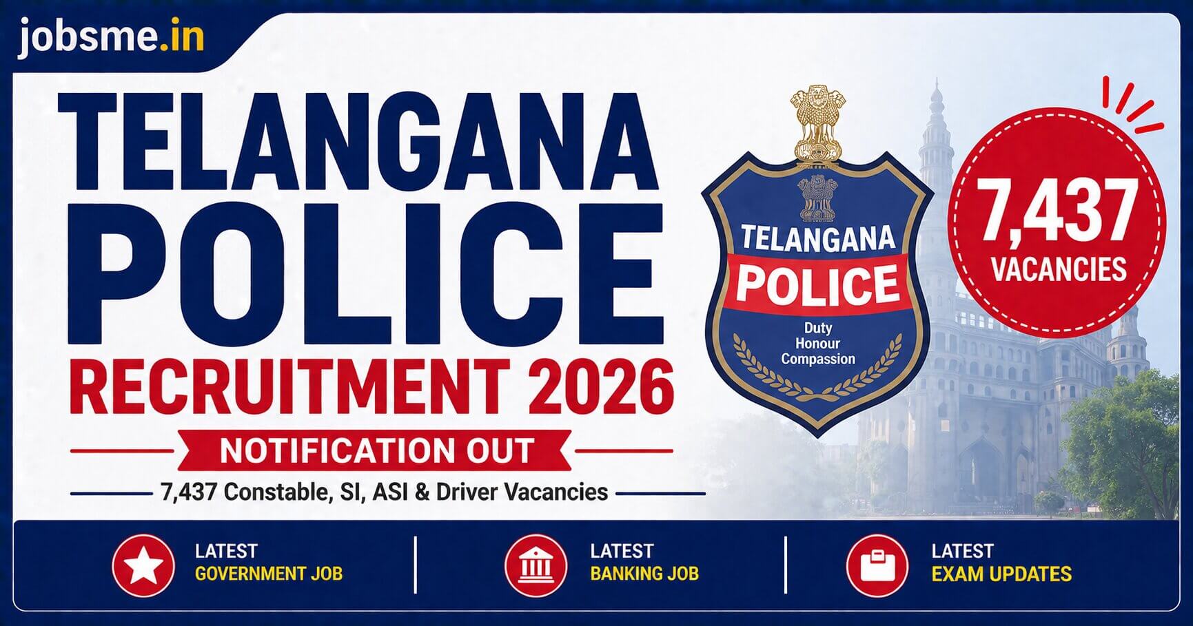 Telangana Police Recruitment 2026: 7,437 Constable, SI, ASI & Driver Vacancies, Eligibility and Apply Online