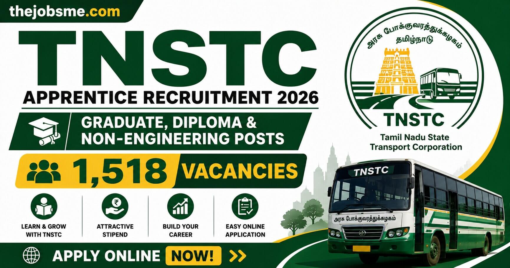 TNSTC Apprentice Recruitment 2026: 1,518 Graduate, Diploma & Non-Engineering Posts, Eligibility, Stipend & Apply Online