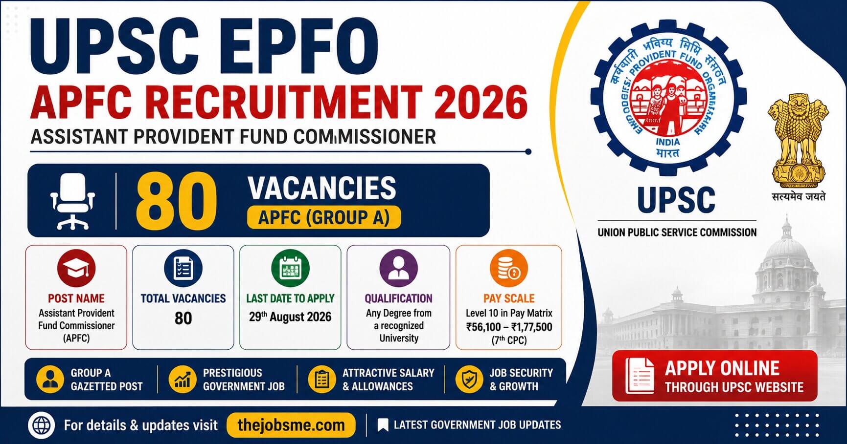 UPSC EPFO APFC Recruitment 2026: 80 Vacancies, Eligibility, Last Date & How to Apply