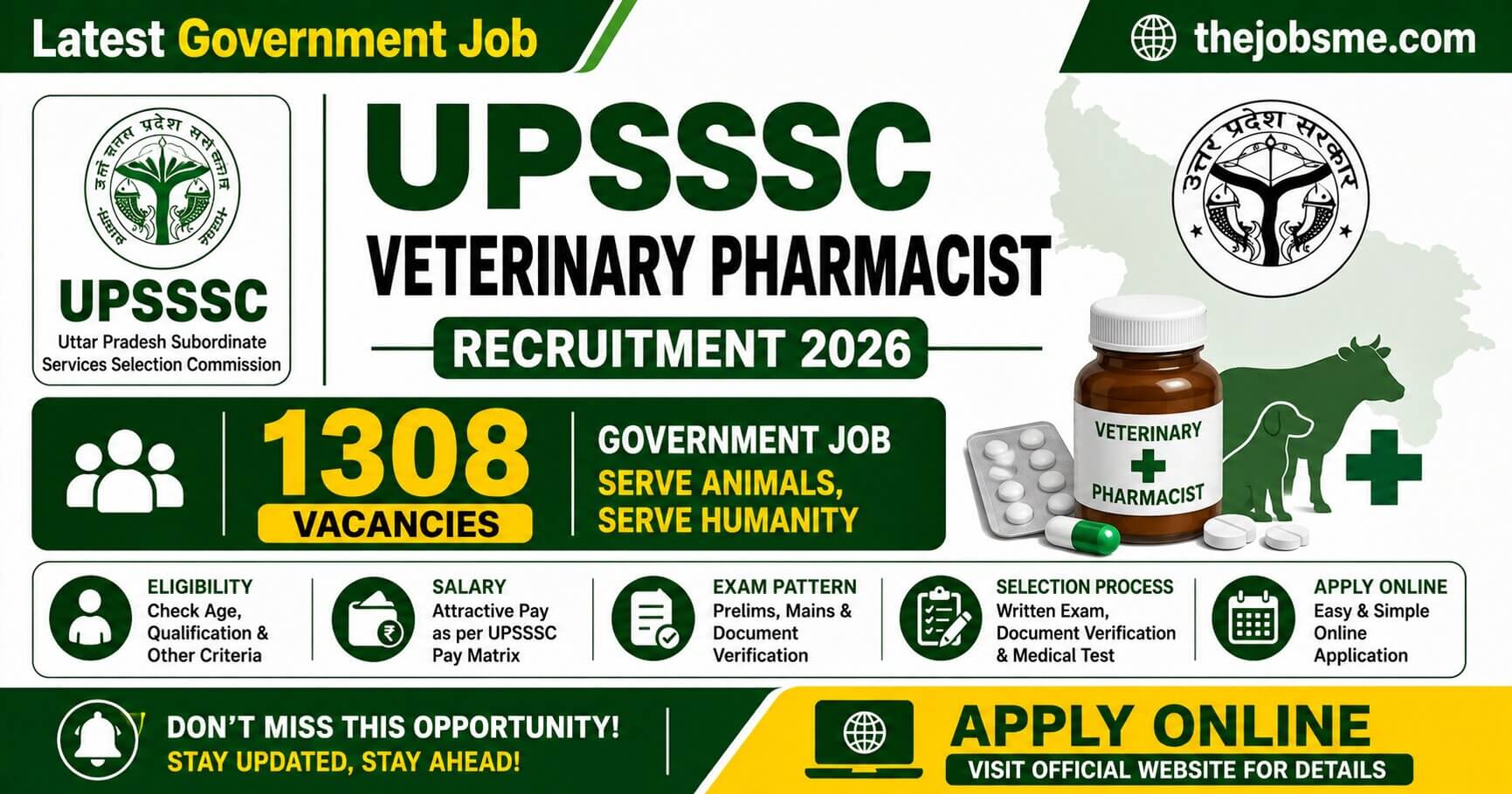 UPSSSC Veterinary Pharmacist Recruitment 2026: 1308 Vacancies, Eligibility, Salary, Exam Pattern & Apply Online