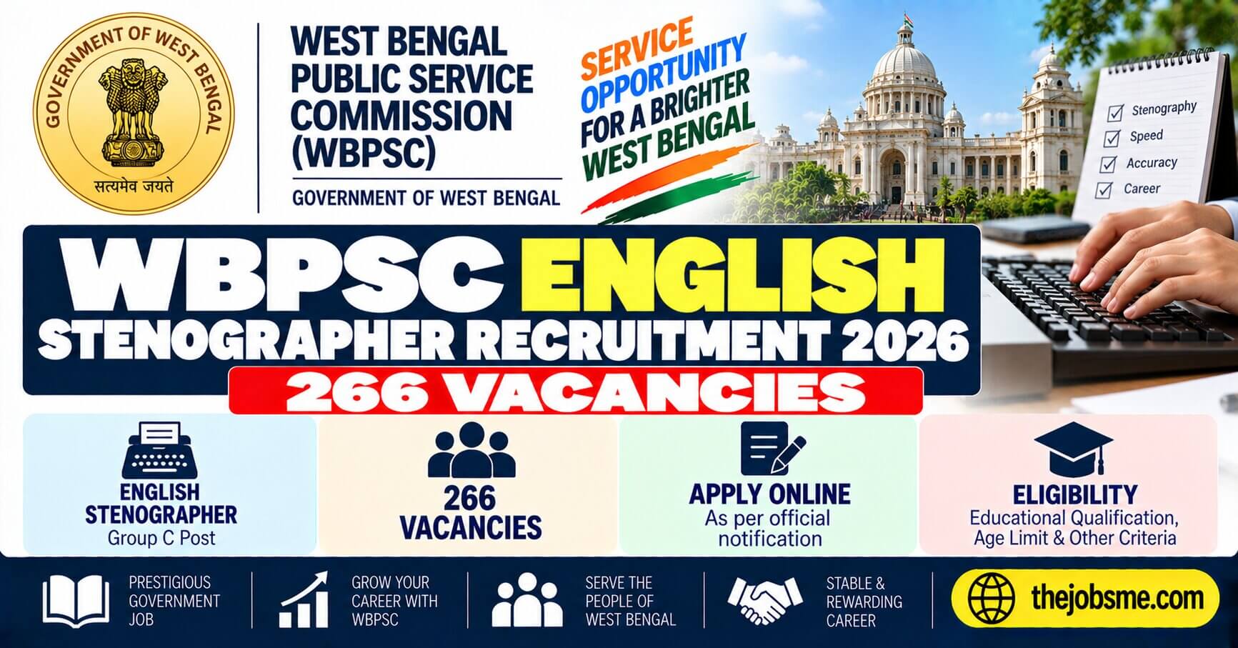 WBPSC English Stenographer Recruitment 2026: 266 Vacancies, Eligibility, Last Date & Apply Online