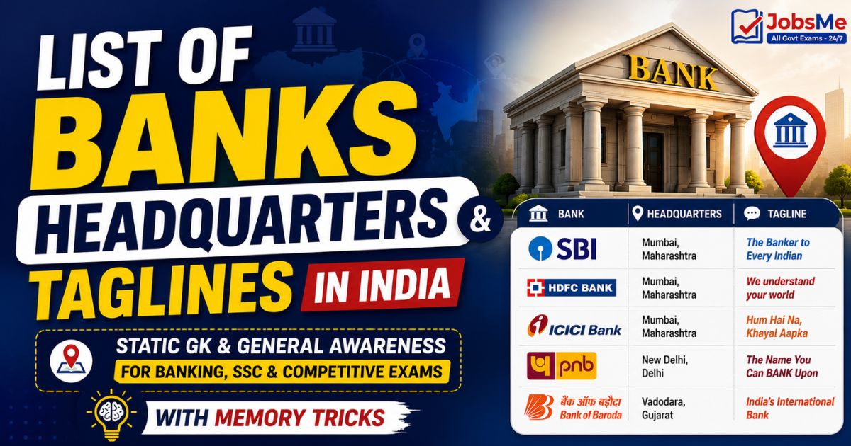 List of Banks Headquarters and Taglines in India – Static GK & General Awareness for Banking, SSC & Competitive Exams with Memory Tricks
